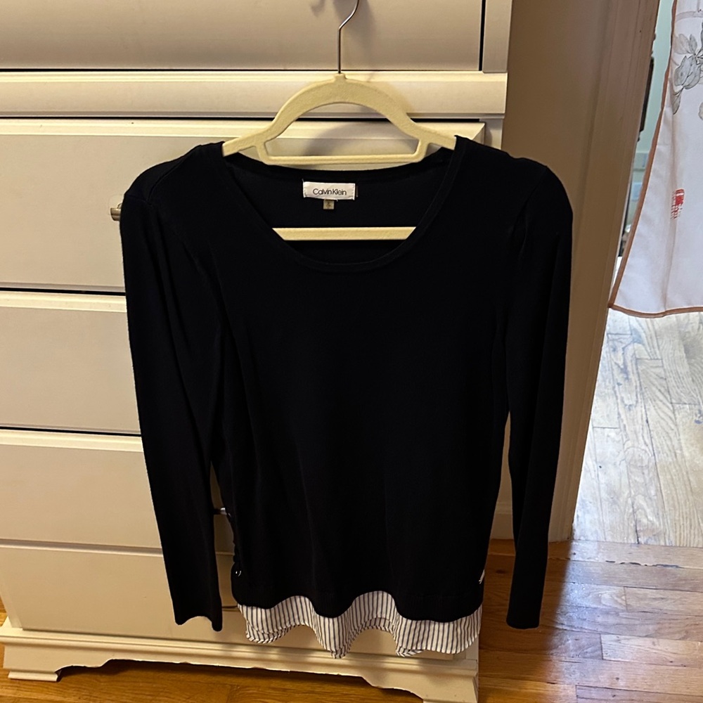 Calvin Klein Navy Long Sleeve Top with Striped Hem